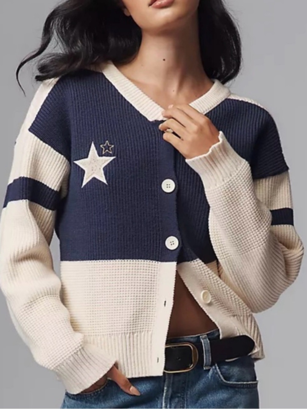Anthropologie Daily Practice Quarterback Cardigan Sweater XS Navy Cream